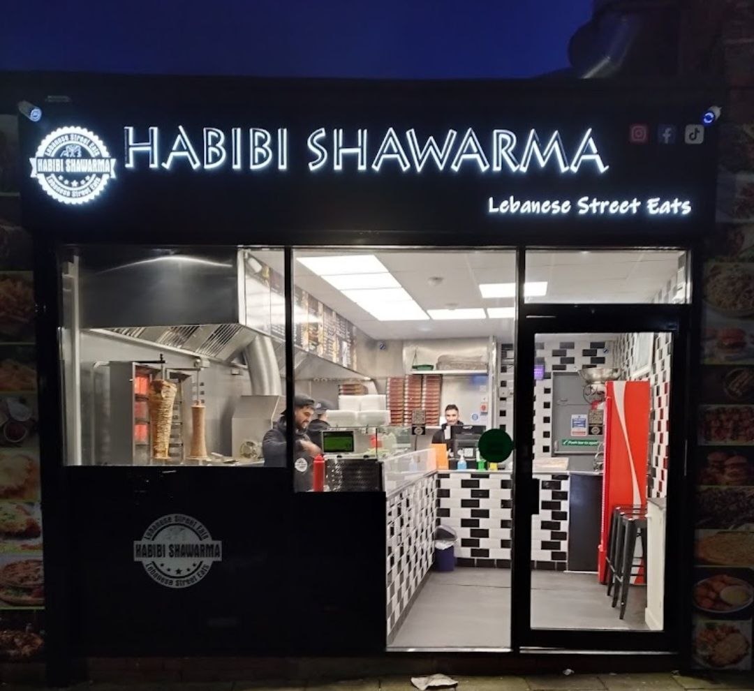 Illuminated shopfront sign for Habibi Shawarma, Newcastle